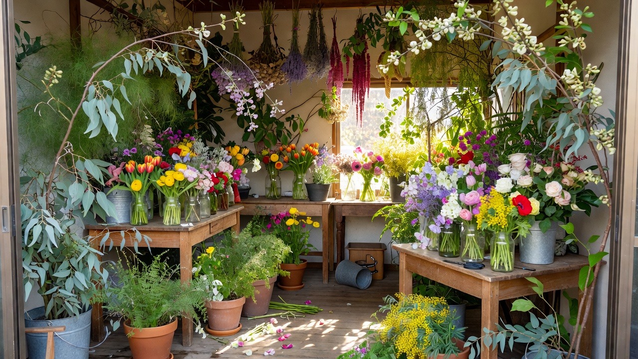 色の順に花のバケツが並ぶ店内の壁