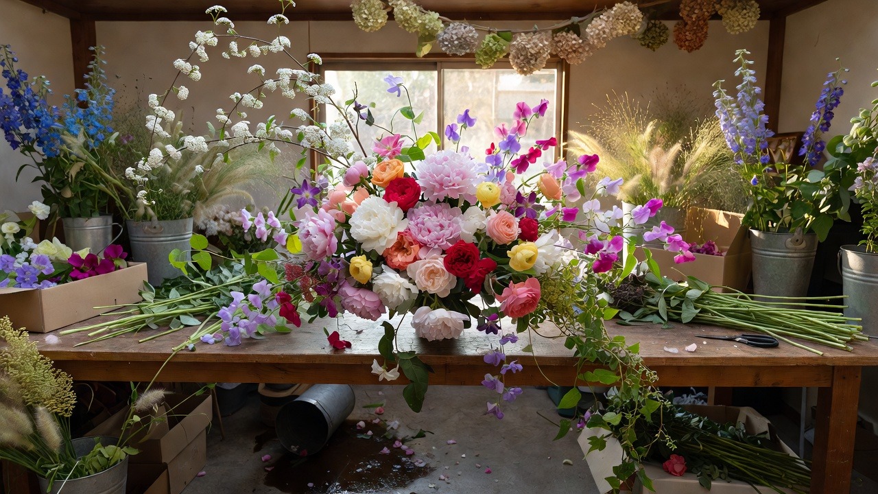 市場から届いた色とりどりの花を作業台に広げたところ