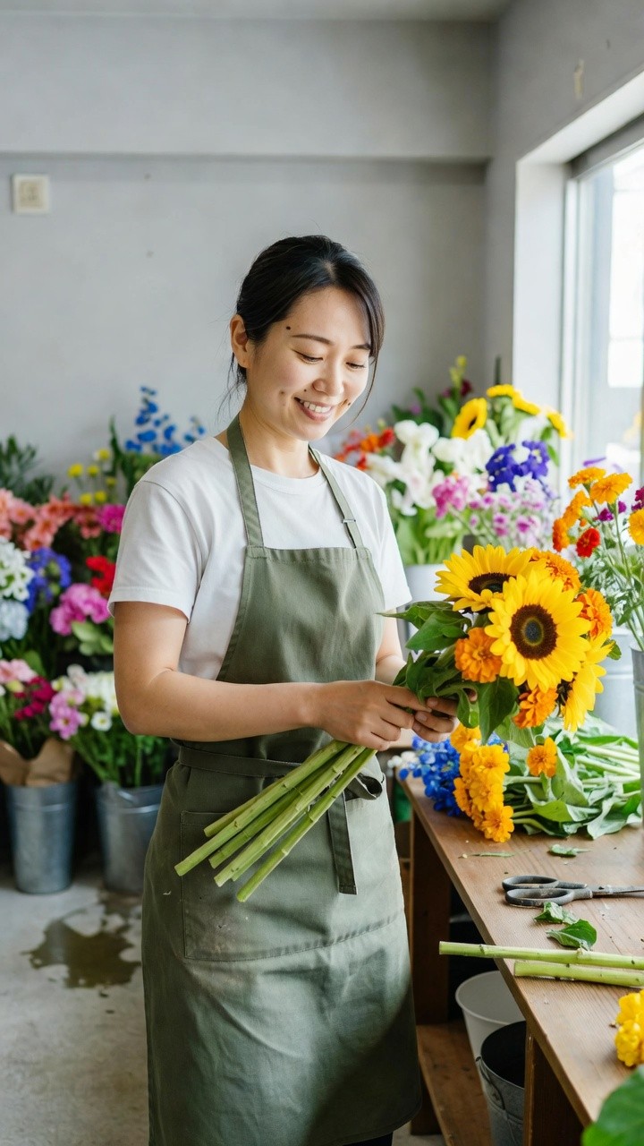 黄色とオレンジの花束を束ねる店主