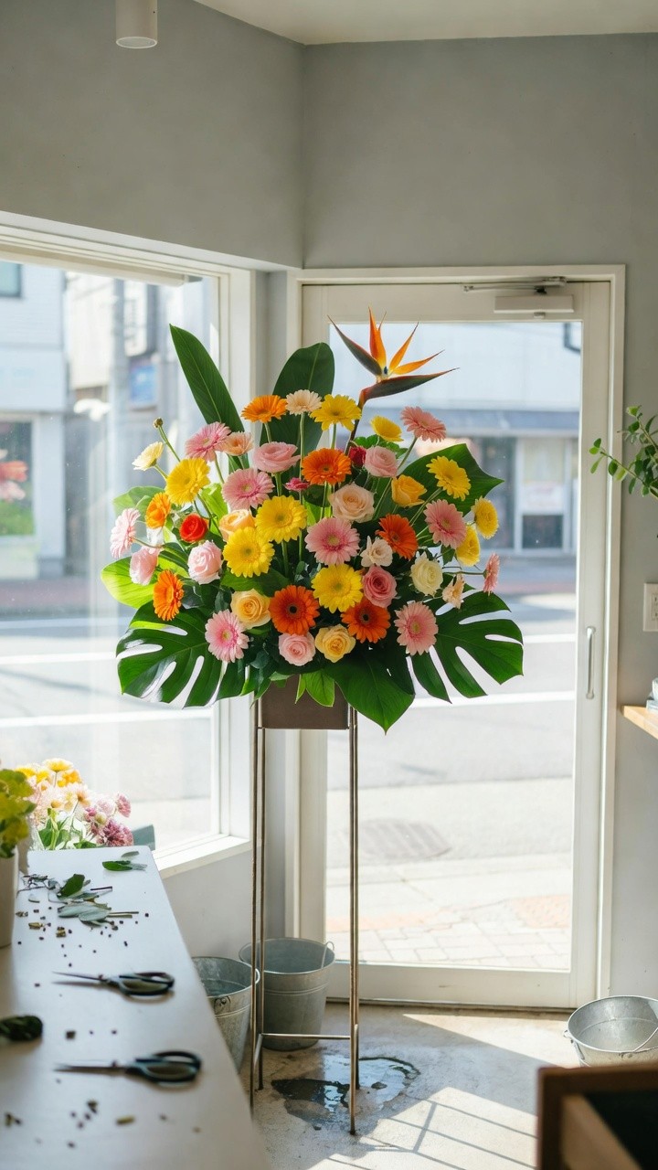 カフェの入口に置いた開店祝いのスタンド花