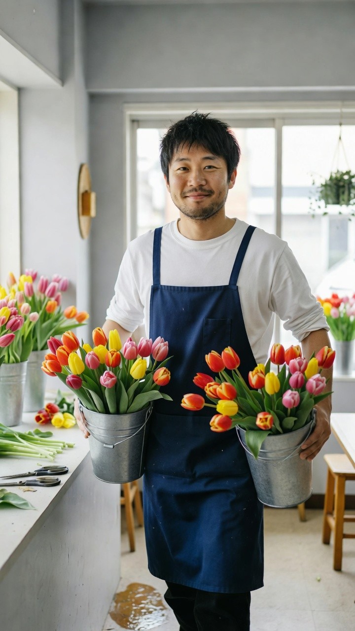 チューリップのバケツを運ぶスタッフの川端蒼