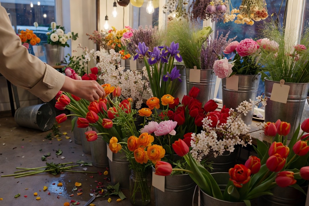 バケツから1本の花を選ぶお客さまの手