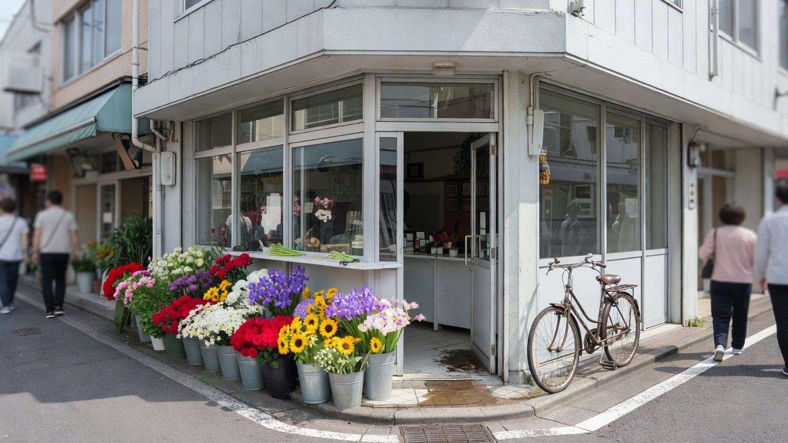 通りの角にあるガラス張りの店の外観