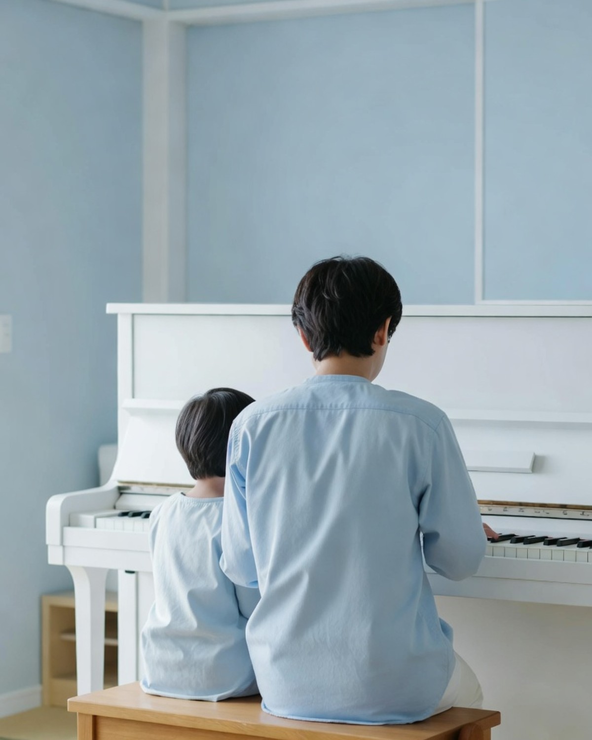 ピアノに並んで座る親子の後ろ姿