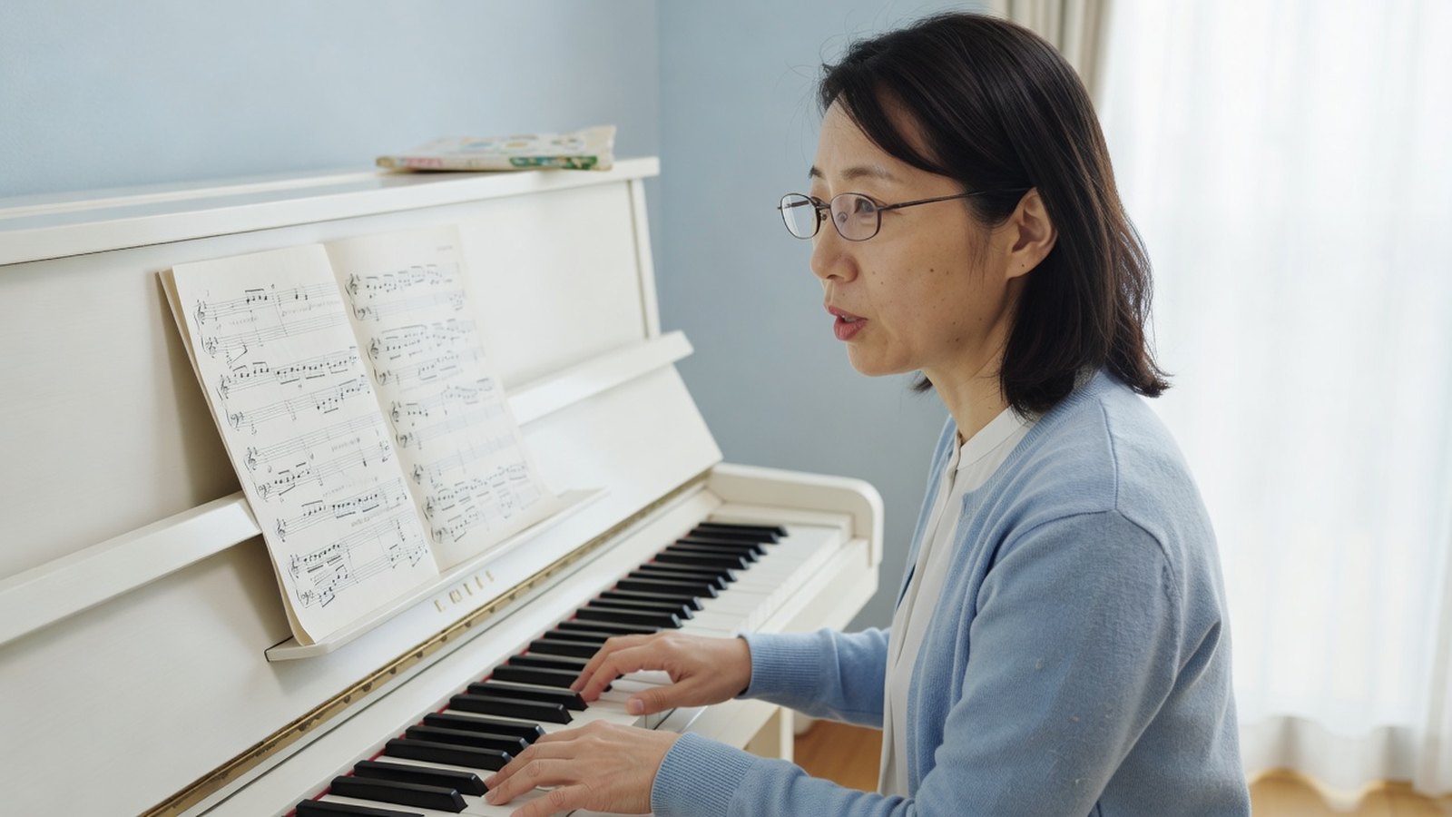 ピアノを弾きながらフレーズを聞かせる講師の鈴木 音羽