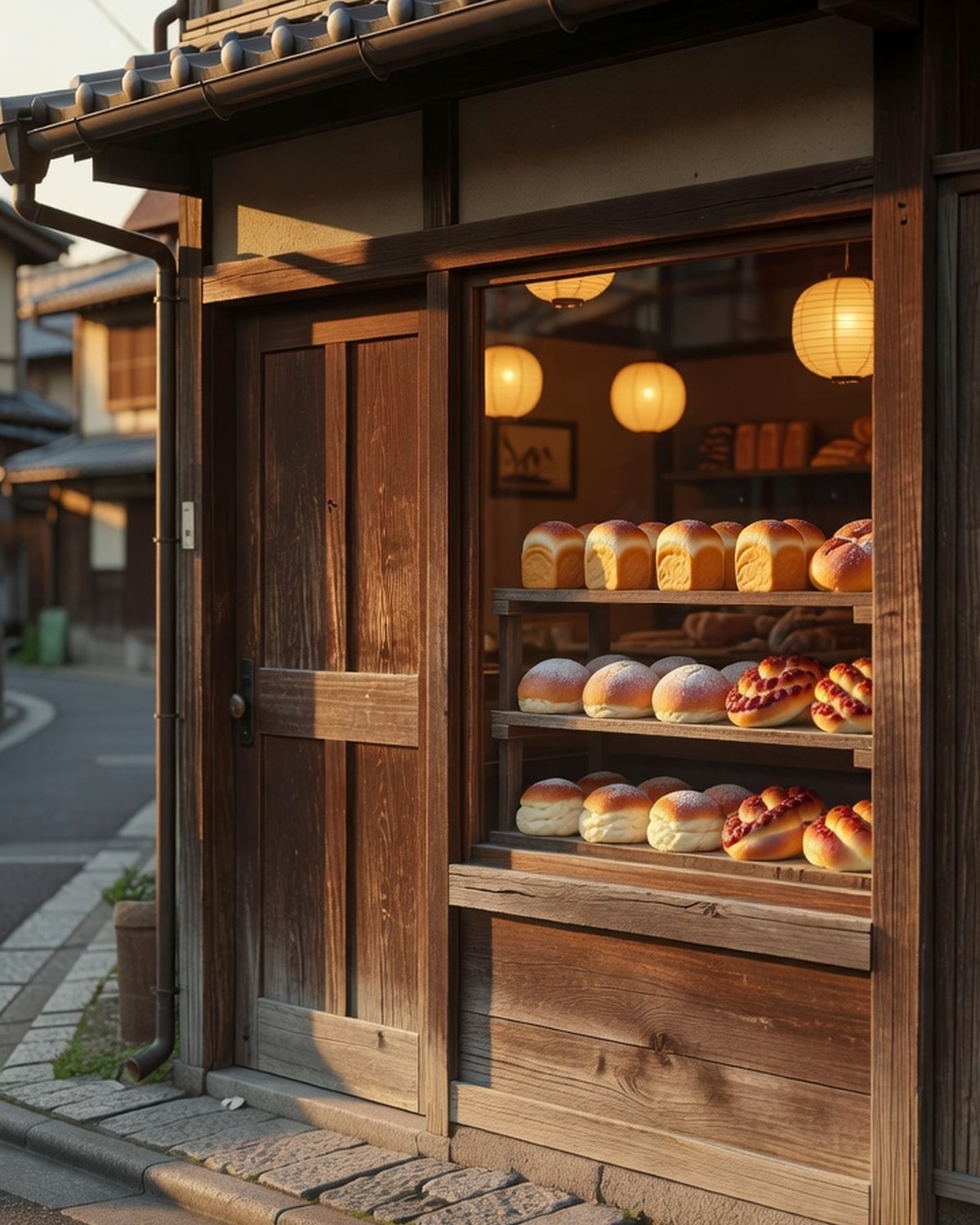 家族で営む小さなパン屋の店先