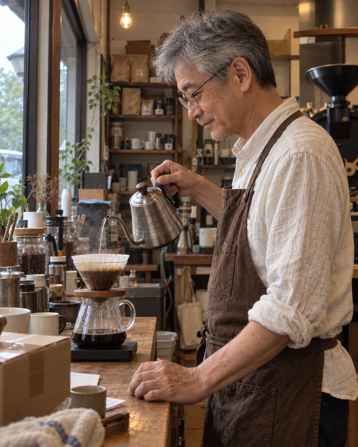 ハンドドリップでコーヒーを淹れる店主の横顔