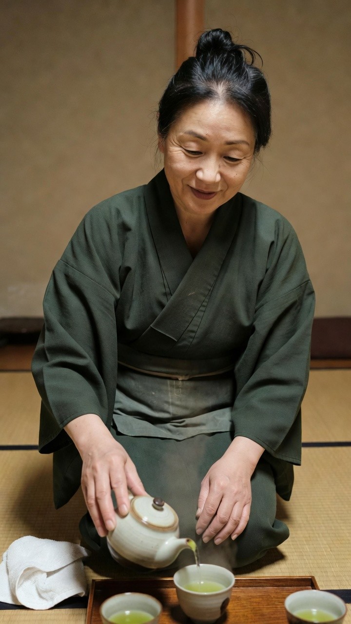 お茶をいれる女将