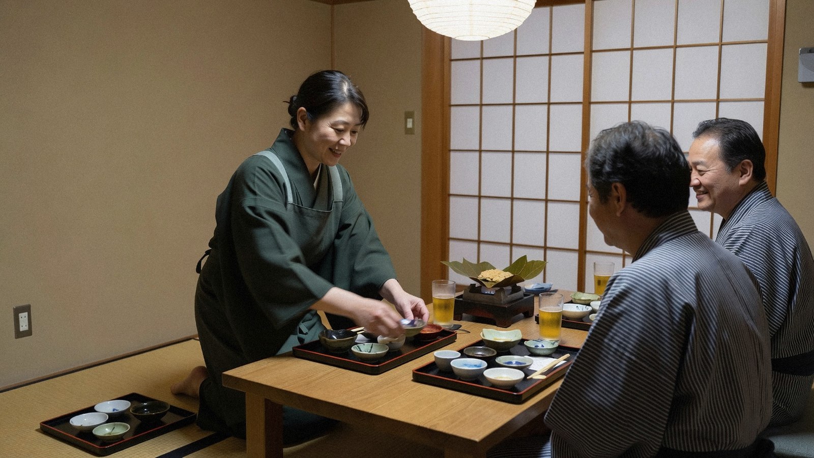 夕食を配膳する宿の人
