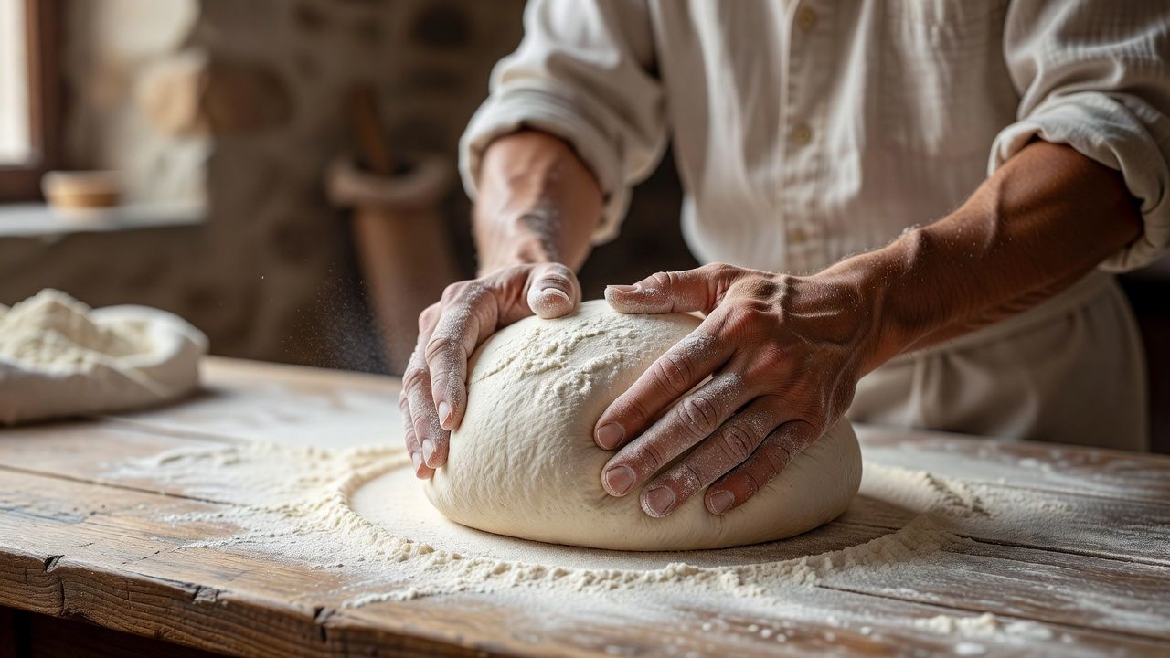 生地をまとめる職人の手