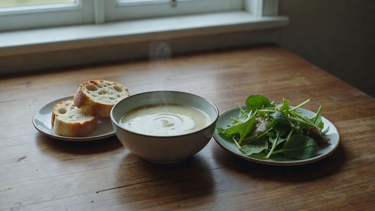 スープとバゲットの昼食