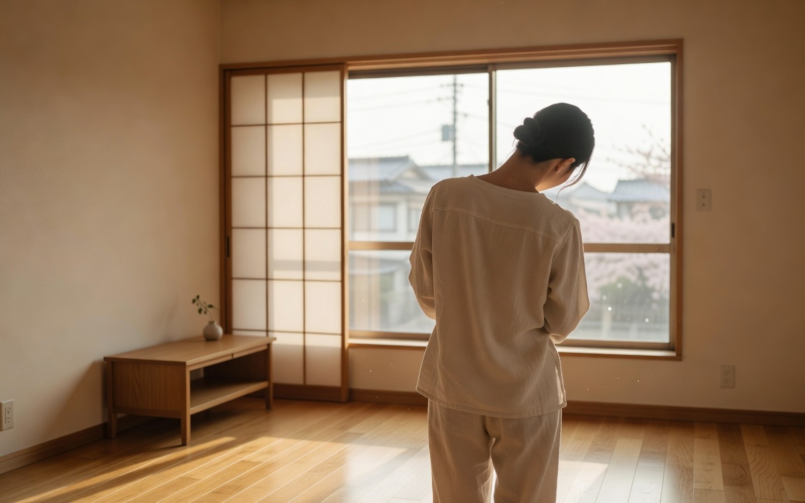 窓辺でからだをのばす人の後ろ姿