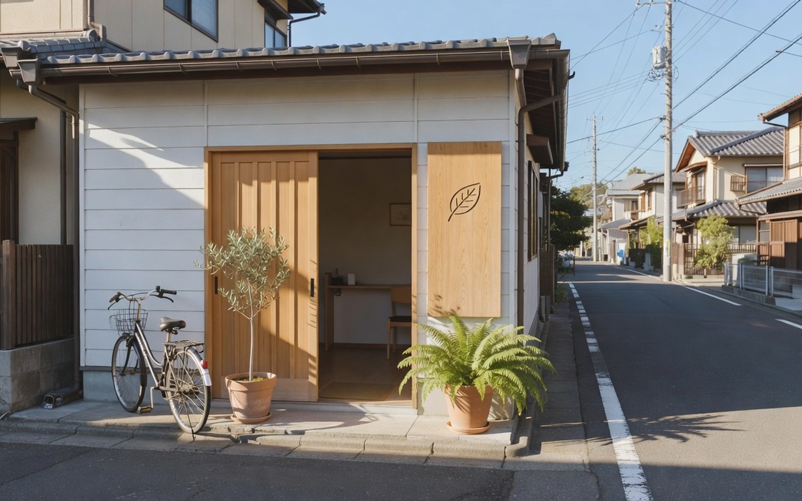 木の看板と引き戸の入口。奥に受付が見える