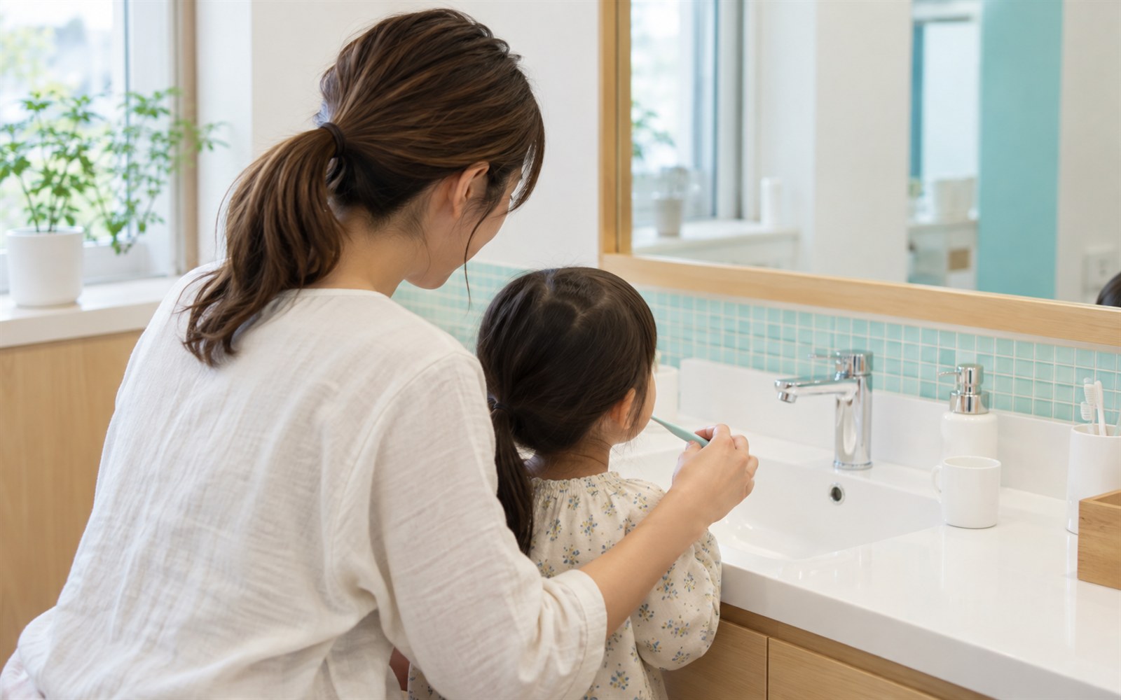 親子で歯みがきをする様子