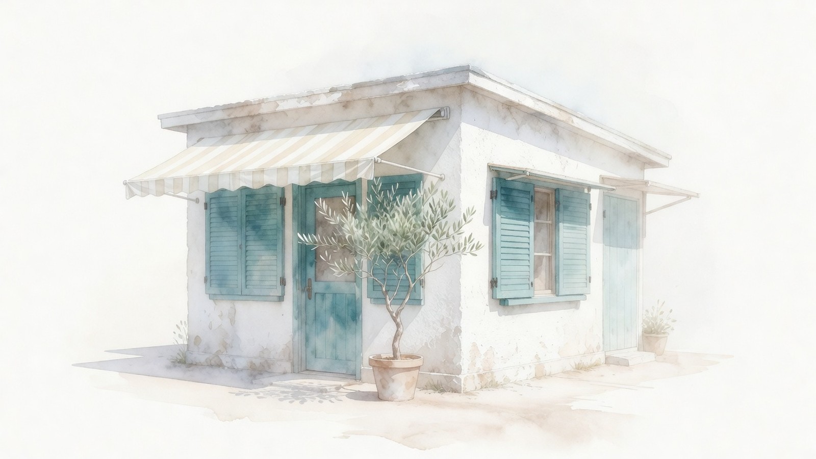 白い漆喰の壁と青緑の扉のお店を描いた水彩画