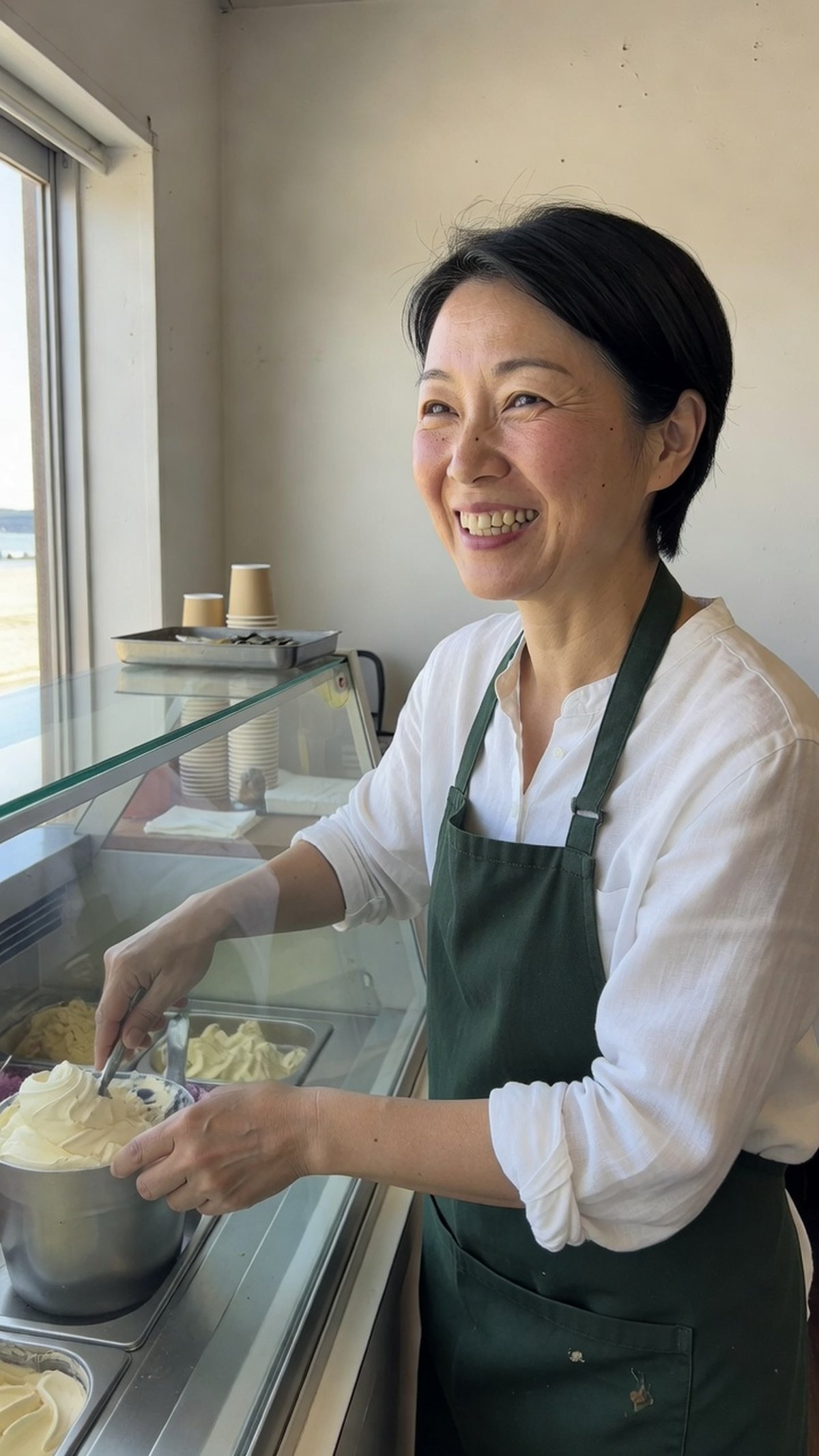 ショーケースの奥でジェラートをすくう店主の横顔