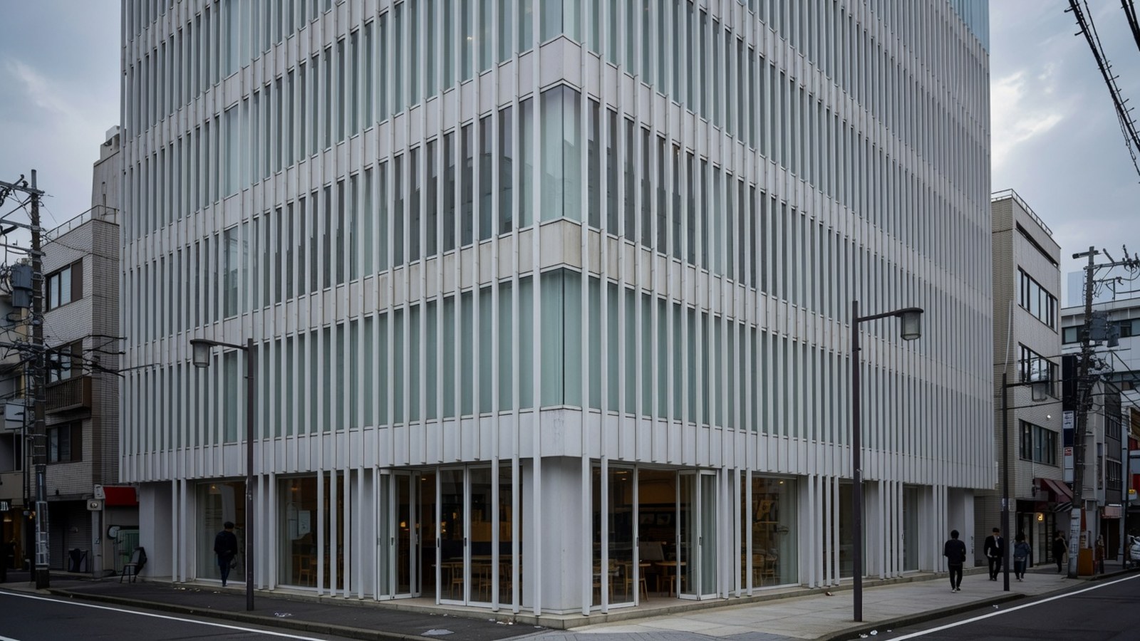白い縦のルーバーで包まれた、街角に建つ複合ビルの外観