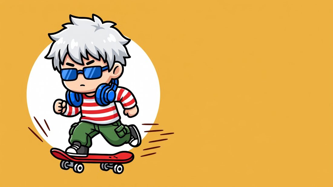 銀髪で赤白ボーダーの男の子が、スケボーを足でけって走っているイラスト