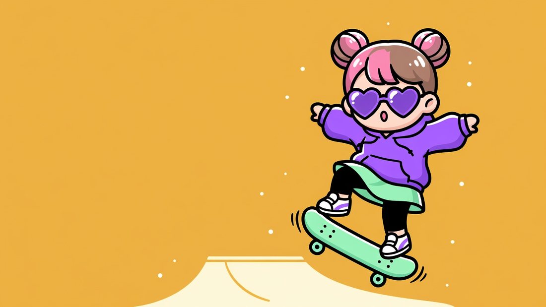 お団子ヘアに紫のハート形サングラスの女の子が、ミント色のスケボーでジャンプしているイラスト