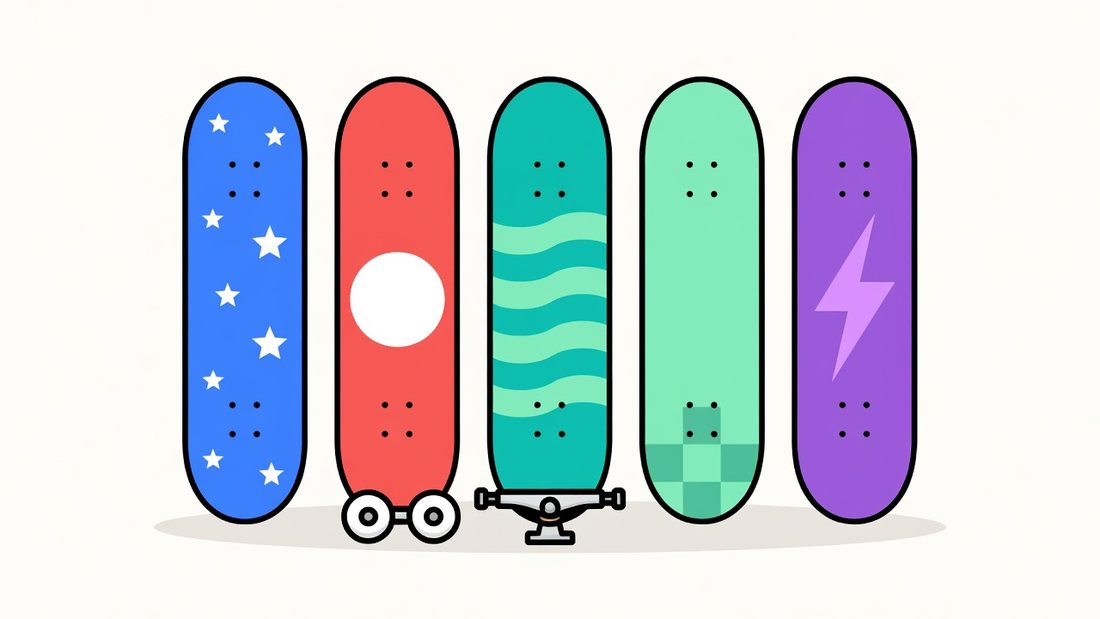 青・赤・緑・紫など5色のスケボーの板が並んだイラスト