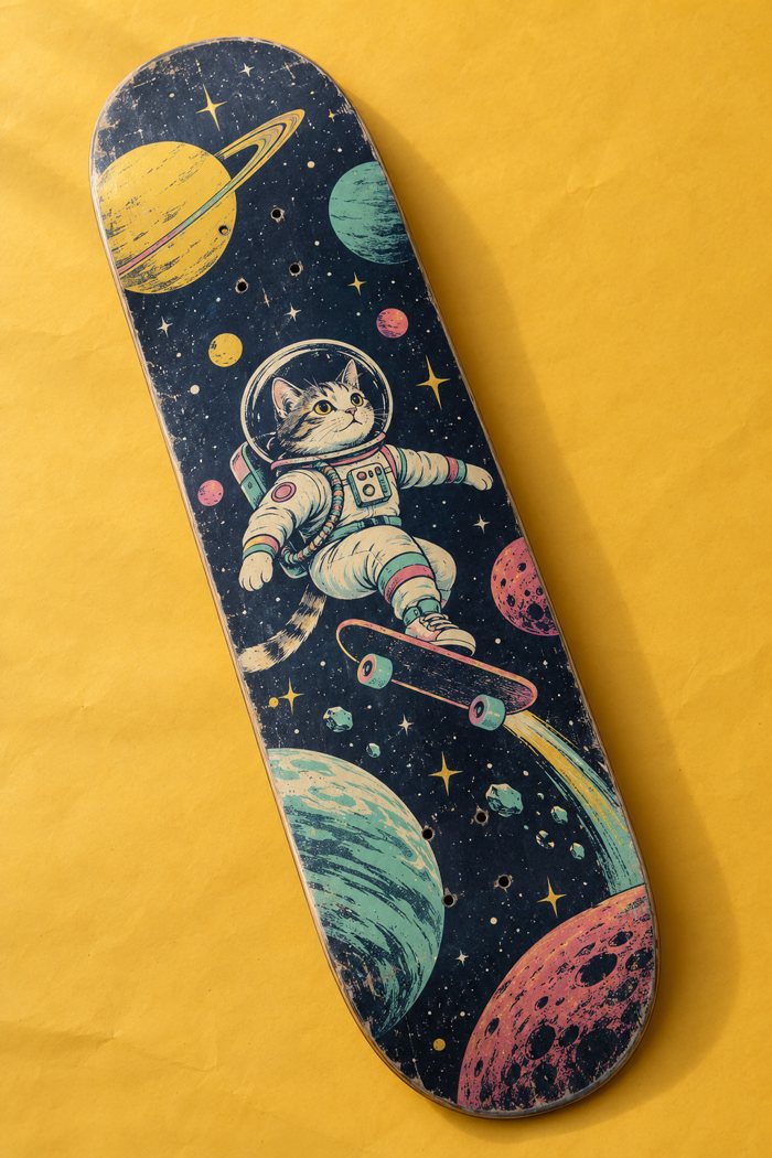 スペースキャットの柄のデッキ（宇宙服のネコが惑星の間を滑る、遊び心のある1枚。）