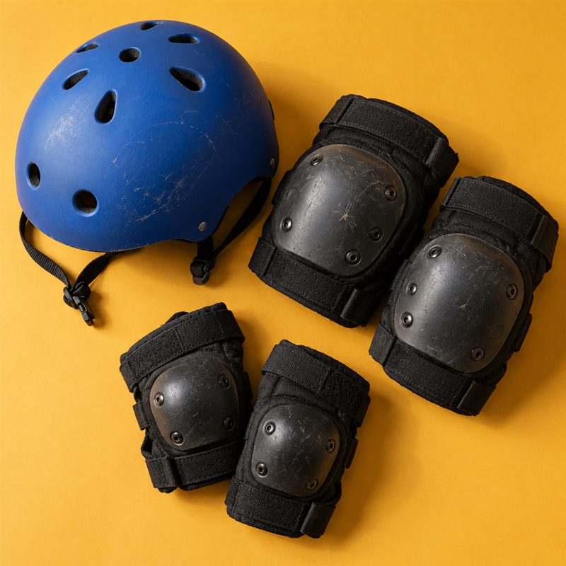 青いヘルメットと黒いひざ・ひじのパッド