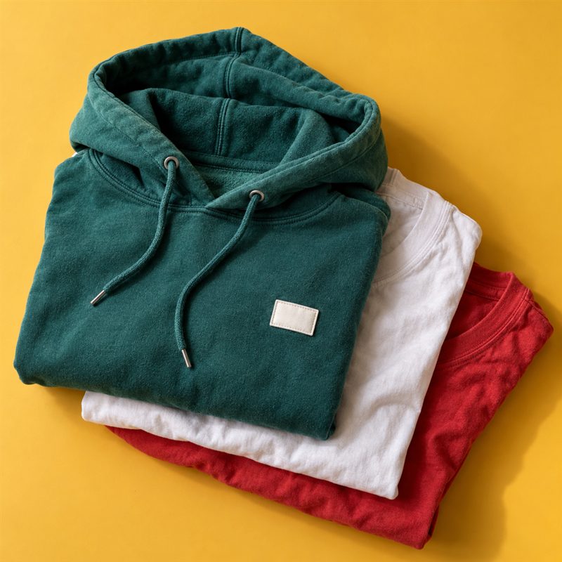 たたんだティールのパーカーと白・赤のTシャツ