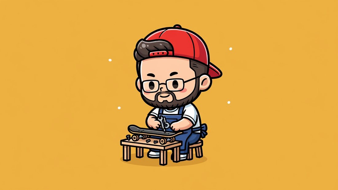 赤いキャップのひげのスタッフが、作業台でスケボーを直しているイラスト