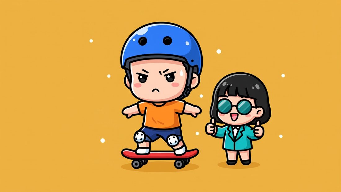 青いヘルメットの子どもがスケボーに乗り、先生が親指を立てて応援しているイラスト