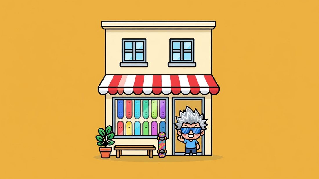 赤白のひさしのお店の外観。窓にカラフルなスケボーの板が並び、入口でスタッフが手をふっているイラスト