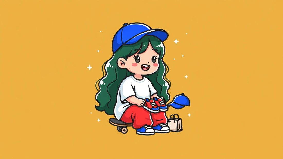 緑の長い髪の女の子が、スケボーに座って靴と帽子を選んでいるイラスト