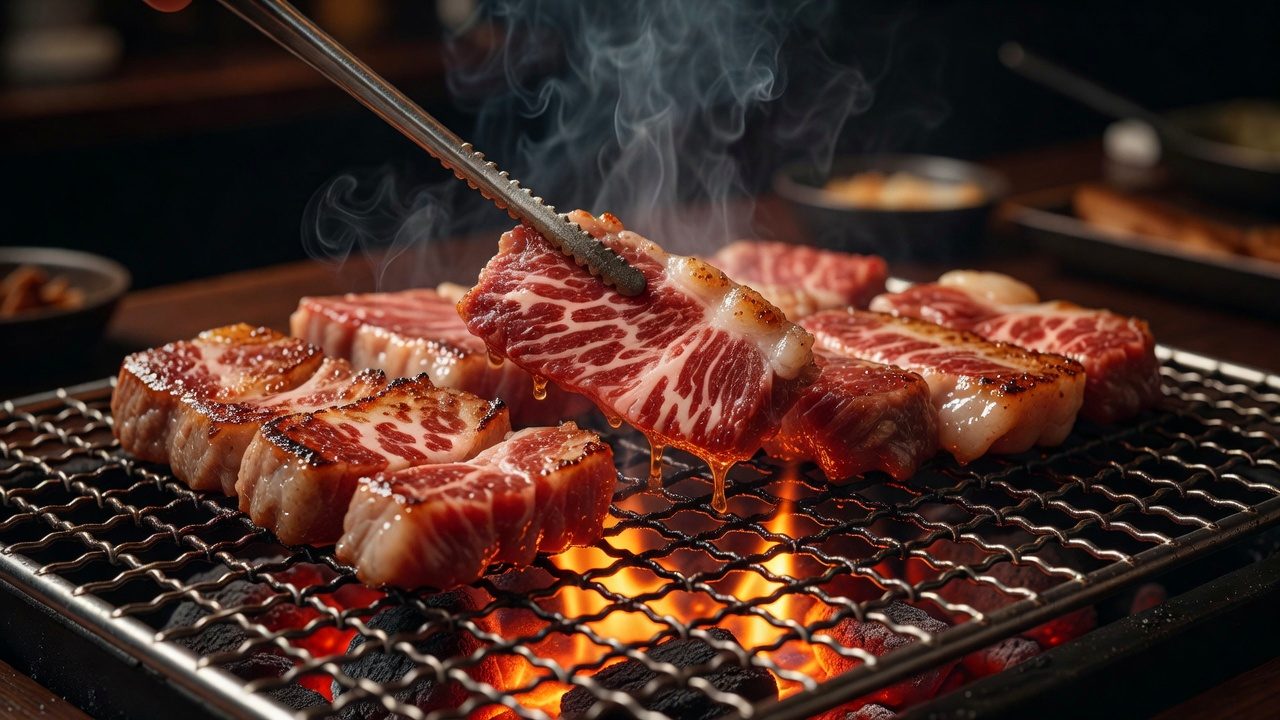 網の上で焼けるカルビ