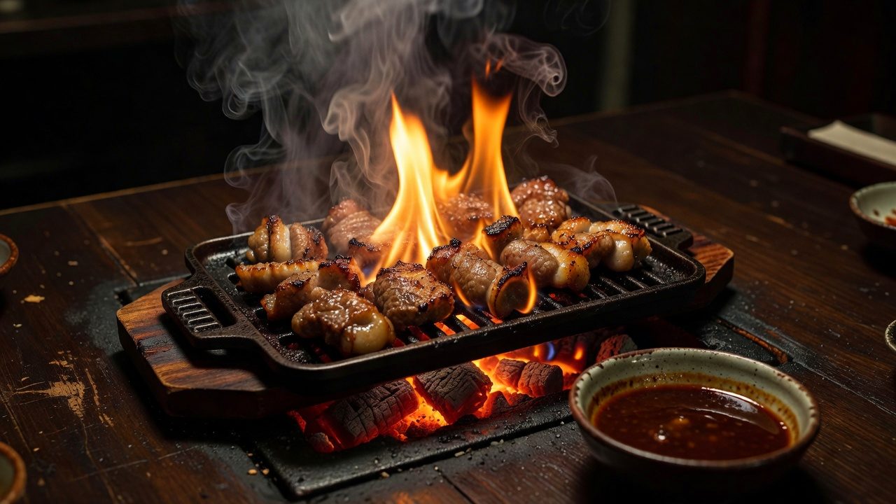 炭火で焼けるホルモン
