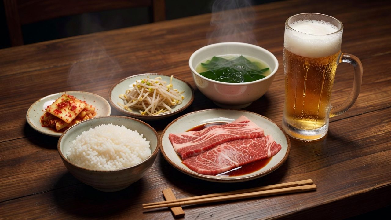 ごはん、キムチ、ナムル、スープ、ビールとハラミ