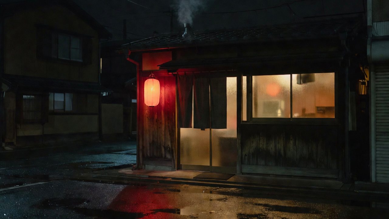 夜の店の外観。赤いちょうちんが灯っている