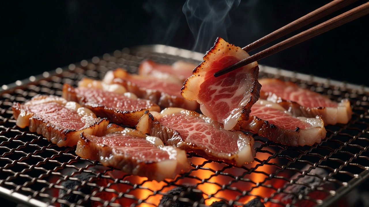炭火であぶったサーロインを箸で持ち上げたところ