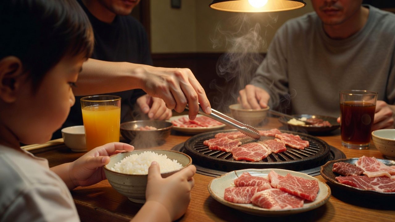家族で焼肉を囲むテーブル