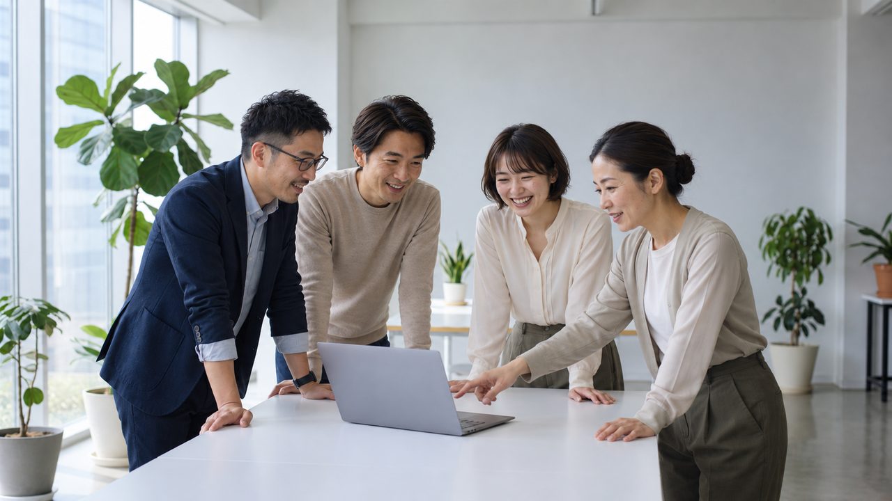 明るいオフィスで、4人の社員がノートパソコンを囲んで話し合っている