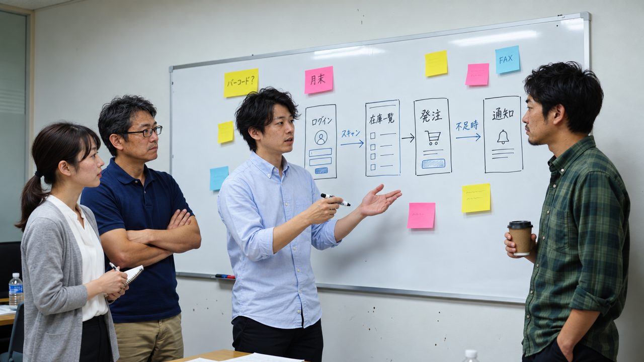 ホワイトボードの前で、4人のメンバーが業務の流れを話し合っている