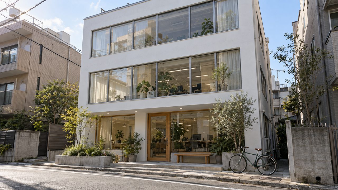 静かな通りに建つ、白い外壁と大きな窓のカイトフィールドのオフィス