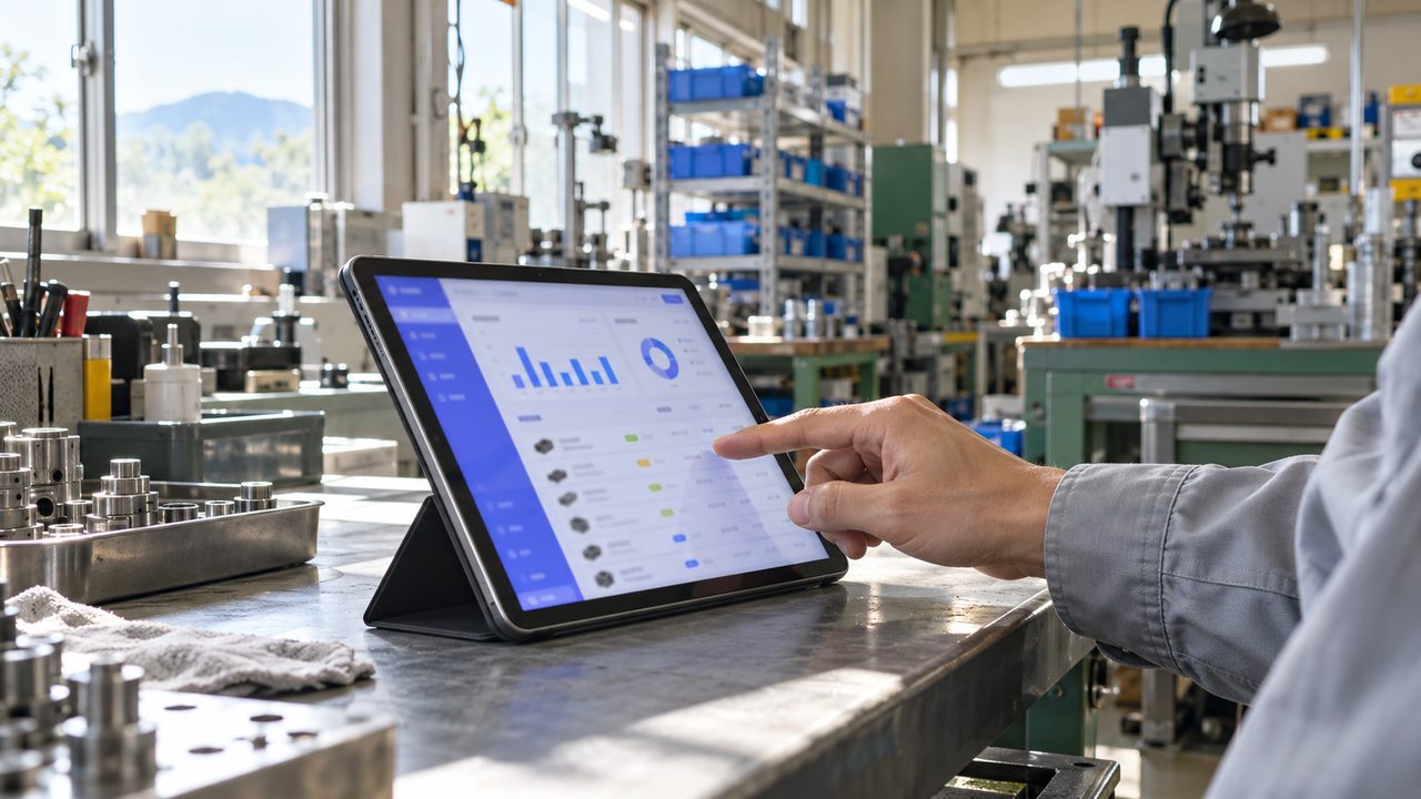 明るい部品工場の作業台で、在庫管理アプリのタブレットを指で操作する手元