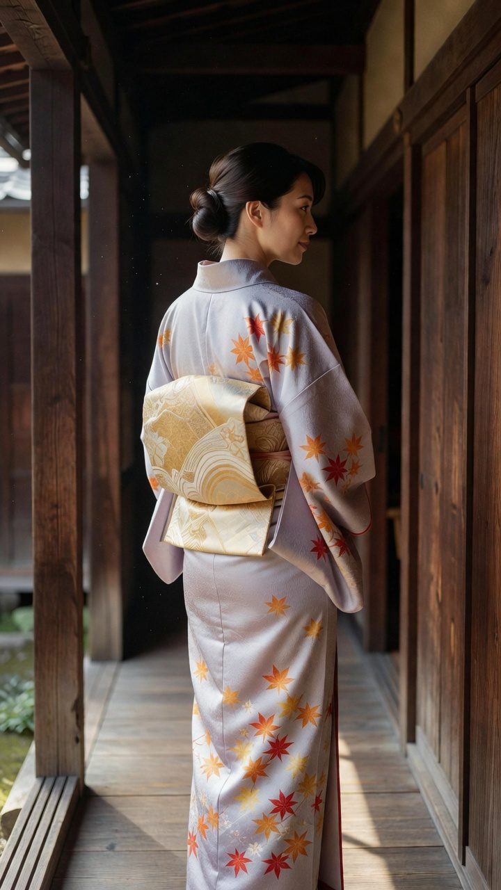 淡い藤色の訪問着の女性が、町家の縁側に立つ後ろ姿