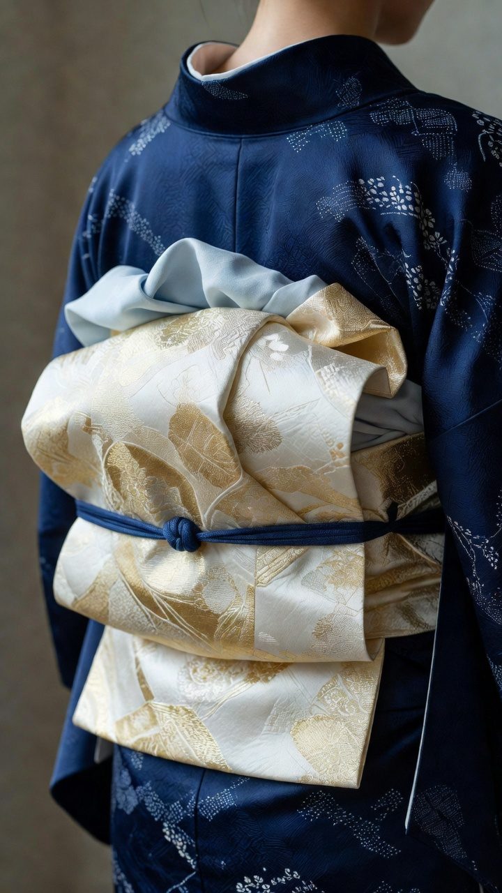 紺の着物に結んだ、生成りと金の袋帯