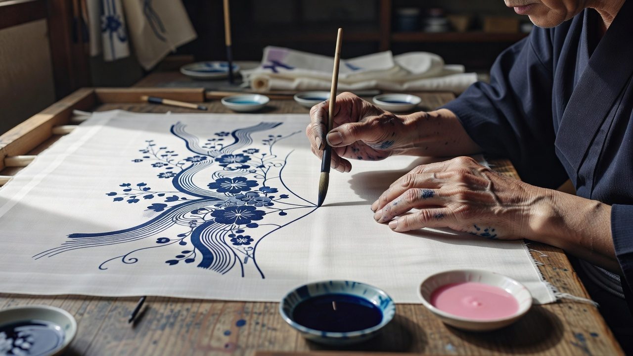 白い絹に、職人が筆で藍色の友禅の柄を描く手元