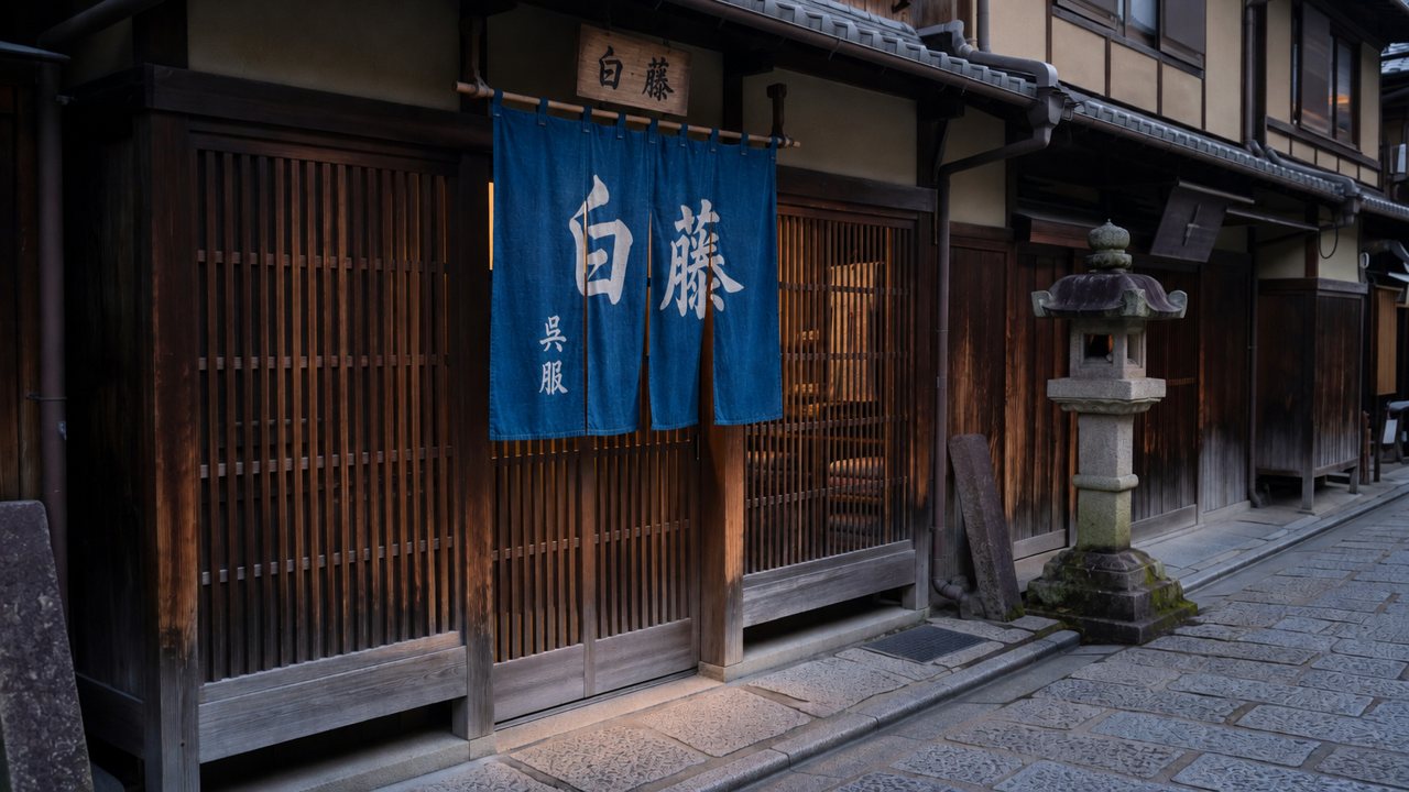 石畳の通りの町家の呉服店。「白藤 呉服」と染め抜いた藍ののれんと、木の看板