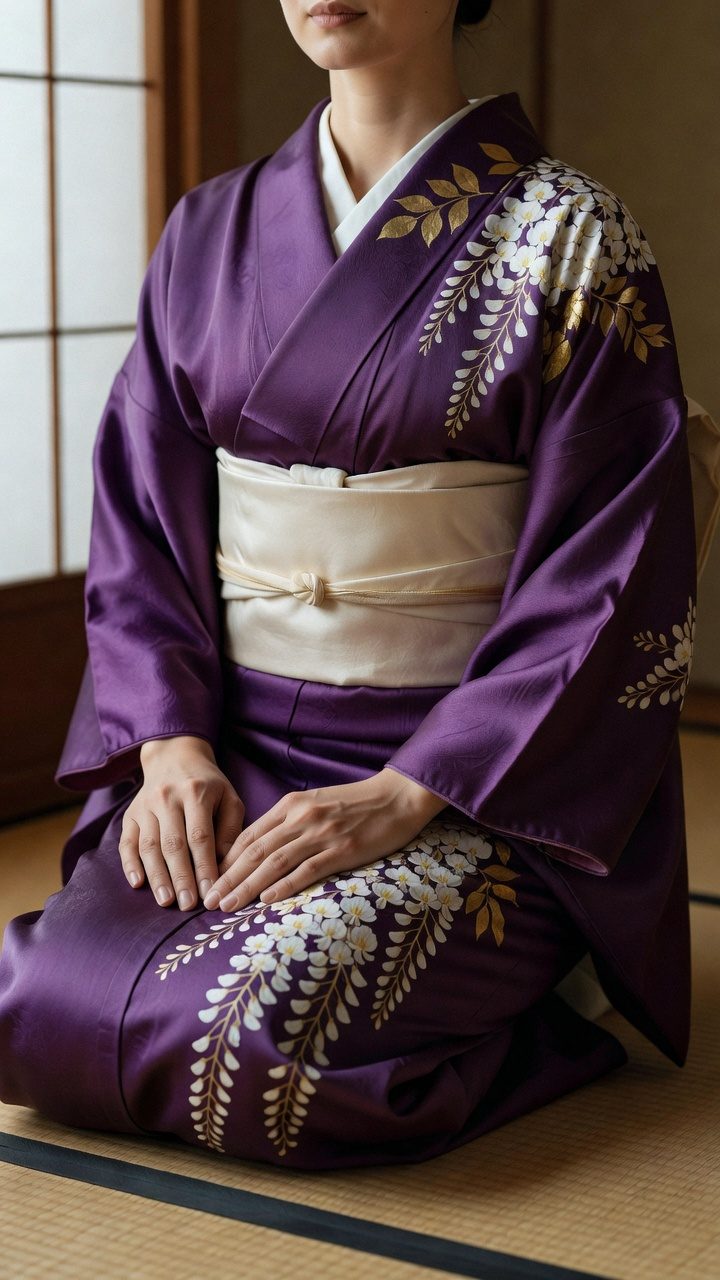 藤色の地に白と金の藤の花の訪問着