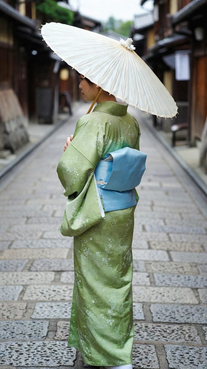 若草色の小紋に水色の帯、白い日傘の後ろ姿