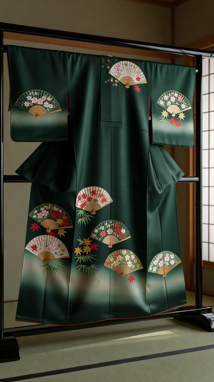 深い緑の地に、金彩の檜扇を描いた訪問着