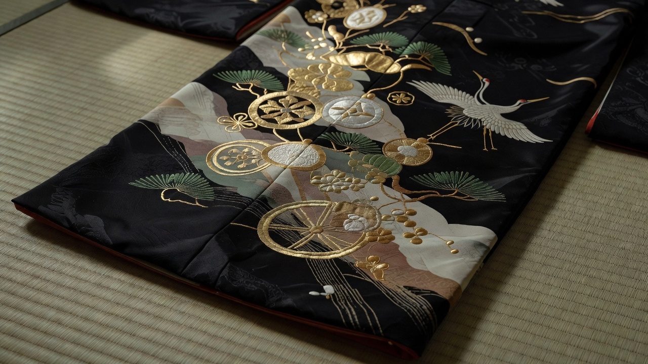 黒地の裾に、宝尽くしと松鶴を金彩と刺繍で表した黒留袖