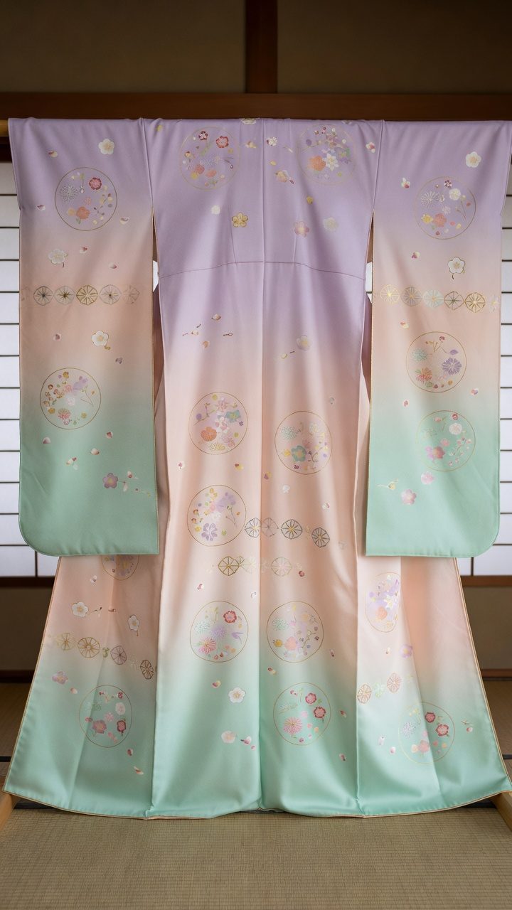 藤色・桃・若草のぼかしに、雪輪と七宝の振袖